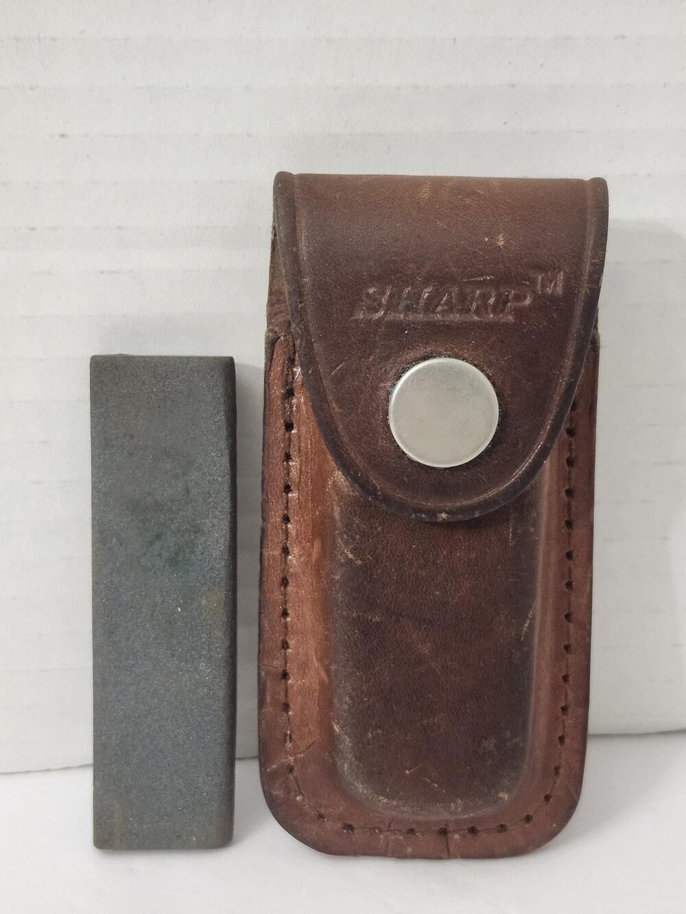 Vintage Sharp Brand Leather Folding Knife Sheath Pouch Whetstone Japan 300